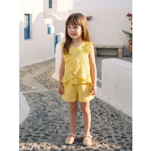LCW Kids Sarı Keten Görünümlü Kız Çocuk Bluz ve Şort Takım