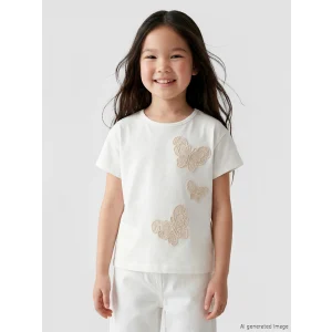 LCW Kids Beyaz Kelebek Nakışlı Kız Çocuk Tişört