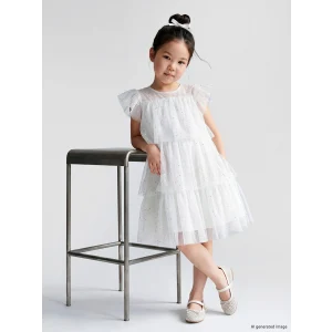 LCW Kids Ekru Bisiklet Yaka Baskılı Kız Çocuk Tül Elbise