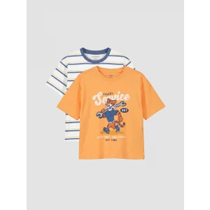 LCW Kids Turuncu Bisiklet Yaka Çizgili Erkek Çocuk 2li Tişört