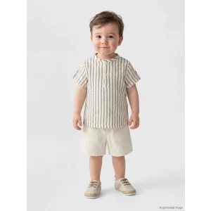 LCW baby Ekru Çizgili Erkek Bebek Müslin Gömlek ve Şort Takım