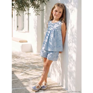 LCW Kids Mavi Fiyonk Nakışlı Kız Çocuk Şortlu Takım