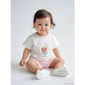 LCW baby Ekru Çiçek Aplike Kız Bebek Şortlu Takım