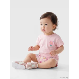 LCW baby Pembe Çiçekli Kız Bebek Şortlu Takım