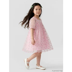 LCW Kids Pembe Kare Yaka Çiçekli Kız Çocuk Tül Elbise