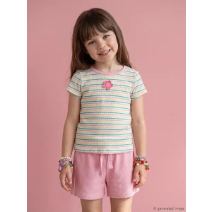 LCW Kids Ekru Bisiklet Yaka Çizgili Kız Çocuk Fitilli Tişört