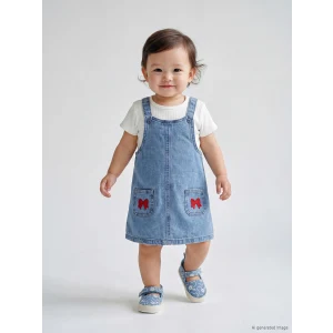 LCW baby Mavi Fiyonklu Kız Bebek Jean Salopet Elbise