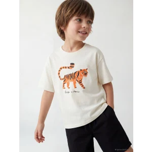 LCW Kids Bej Bisiklet Yaka Baskılı Erkek Çocuk Tişört
