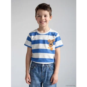 LCW Kids Mavi Bisiklet Yaka Çizgili Erkek Çocuk Tişört