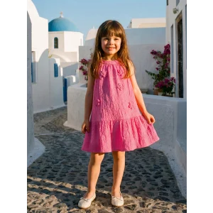 LCW Kids Pembe Çiçek Nakışlı Kız Çocuk Krinkle Elbise