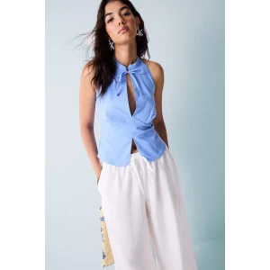 Defacto H9073AXBE60 Mavi %100 Pamuk Fıtted Halter Yaka Kolsuz Mavi Bluz