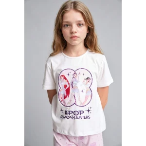 Defacto H8098A8ER105 Ekru Kpop - Demon Hunters Lisanslı Regular Fıt Elastik Bel 2li Ecru Pijama Takımı Kız Çocuk