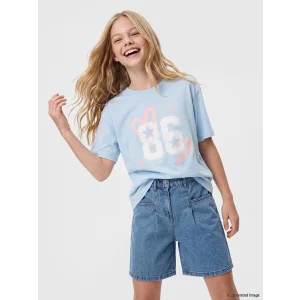 LCW Kids Mavi Bol Fit Bisiklet Yaka Baskılı Kız Çocuk Tişört
