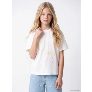 LCW Kids Ekru Bisiklet Yaka Fiyonk Nakışlı Kız Çocuk Tişört