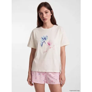 LCW DREAM Pembe Bisiklet Yaka Baskılı Kadın Şortlu Pijama Takımı