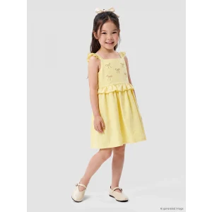 LCW Kids Sarı Kare Yaka Taşlı Kız Çocuk Elbise
