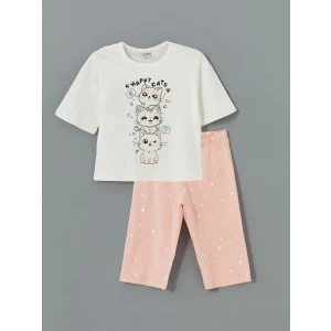 LCW Kids Ekru Bisiklet Yaka Baskılı Kız Çocuk Şortlu Pijama Takımı