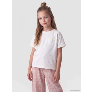 LCW Kids Beyaz Bisiklet Yaka Nakışlı Kız Çocuk Tişört