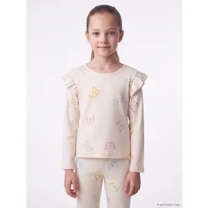 LCW Kids Ekru Bisiklet Yaka Fırfırlı Kız Çocuk Tişört