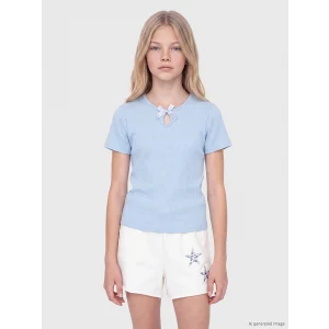 LCW Kids Mavi Bisiklet Yaka Fiyonk Detaylı Kız Çocuk Tişört