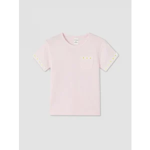 LCW Kids Pembe Bisiklet Yaka Nakışlı Kız Çocuk Tişört