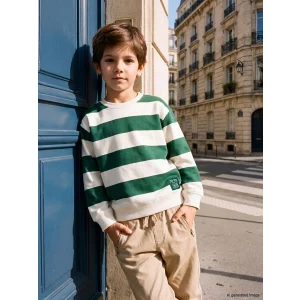 LCW Kids Ekru Bisiklet Yaka Çizgili Erkek Çocuk Sweatshirt
