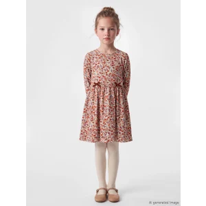 LCW Kids Ekru Bisiklet Yaka Çiçekli Kız Çocuk Elbise