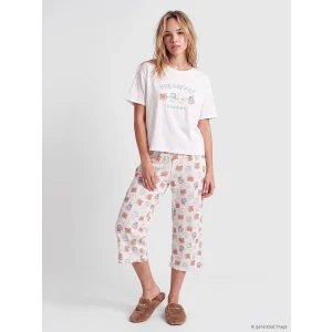 LCW Young Ekru Bisiklet Yaka Baskılı Kadın Kaprili Pijama Takımı