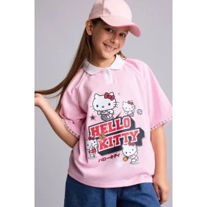 Defacto H4843A8PN693 Pembe Hello Kitty Lisanslı Relax Fıt Polo Yaka Kısa Kollu Açık Pembe Tişört Kız Çocuk
