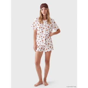 LCW Young Ekru Bebe Yaka Ayıcık Baskılı Kadın Şortlu Pijama Takımı
