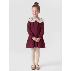 LCW Kids Bordo Bebe Yaka Nakışlı Uzun Kollu Kız Çocuk Elbise