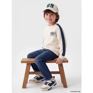 LCW Kids Bej Bisiklet Yaka Baskılı Erkek Çocuk Kalın Sweatshirt