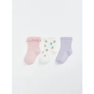 LCW baby Pembe Çiçekli Kız Bebek Soket Çorap 3lü
