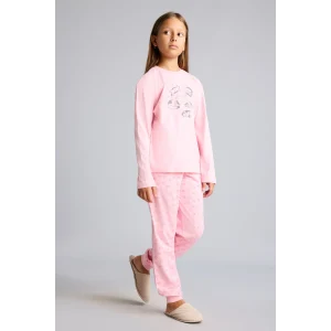 Defacto I2285A8PN149 Pembe %100 Pamuk Baskılı Uzun Kollu Üst Lastikli Paça Alt 2li Pijama Takımı Kız Çocuk