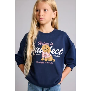 Defacto I4159A8NV244 Lacivert Relax Fit Bisiklet Yaka Baskılı Sweatshirt Kız Çocuk