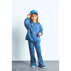 Defacto I3663A5BE341 Mavi Kalp Desenli Bisiklet Yaka Sweatshirt Esnek Belli İspanyol Paça Alt 2li Takım Kız Bebek