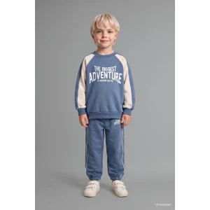 Defacto I0274A5BE739 Mavi %100 Pamuk Baskılı Sweatshirt Üst Elastik Bel Alt 2li Takım Erkek Bebek