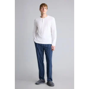 Defacto H7607AXWT34 Beyaz %100 Pamuk New Regular Fit Uzun Kollu Düğme Detaylı Üst Çizgili Alt 2li Pijama Takımı