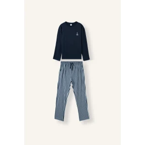 Defacto H9320AXNV135 Lacivert %100 Pamuk Regular Fit Bisiklet Yaka Uzun Kollu Baskılı Üst Çizgili Alt Pijama Takımı