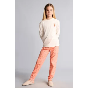 Defacto I2286A8ER233 Ekru Bisiklet Yaka Uzun Kollu Baskılı Regular Fit 2li Pijama Takımı Kız Çocuk