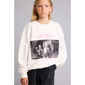 Defacto I3553A8ER105 Ekru Kpop - Demon Hunters Relax Fit Baskılı Bisiklet Yaka Sweatshirt Kız Çocuk