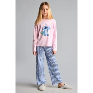 Defacto I1875A8PN693 Pembe %100 Pamuk Dısney Lılo & Stıtch Lisanslı Uzun Kolu Pijama Üstü Esnek Belli Uzun Pijama Altı 2li Pijama Takımı Kız Çocuk