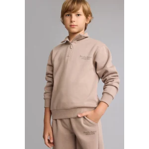 Defacto H9689A8BN615 Kahve Regular Fit Yarım Fermuarlı Dik Yaka İçi Yumuşak Tüylü Yazı İşlemeli Sweatshirt Erkek Çocuk