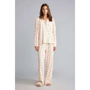 Defacto I5522AXBG824 Bej Regular Fit Çiçekli Uzun Kollu Üst Geniş Kesim Alt Pijama Takımı