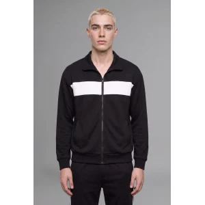 Defacto I0631AXBK81 Siyah Boxy Fit Polo Yaka Fermuarlı Şeritli Sweatshirt Hırka