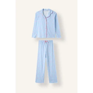 Defacto I1882A8BE791 Mavi Fiyonk Desenli Uzun Kollu Pijama Üstü Esnek Belli Uzun Pijama Altı Kız Çocuk