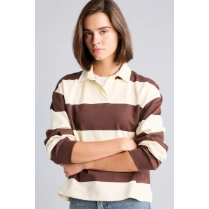 Defacto I2960AXBN341 Kahve %100 Pamuk Long Fit Polo Yaka Uzun Kollu Çizgili Sweatshirt