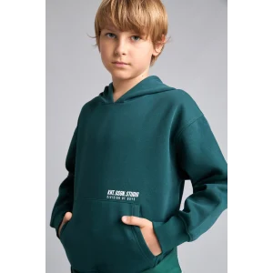 Defacto H9682A8GN1040 Yeşil Regular Fit Kapüşonlu Baskılı Kanguru Cepli Kalın Kumaş Sweatshirt Erkek Çocuk