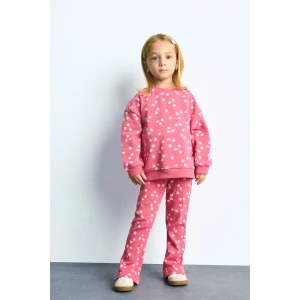 Defacto I3663A5RD60 Kırmızı %100 Pamuk Kalp Desenli Sweatshirt Esnek Belli İspanyol Paça Tayt 2li Takım Kız Bebek