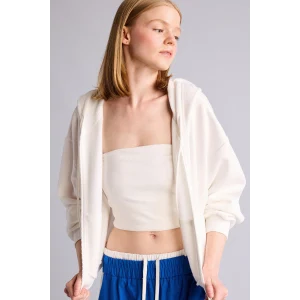 Defacto Z7069AZWT32 Beyaz Cropped Fit Kapüşonlu Kalın Fermuarlı Sweatshirt